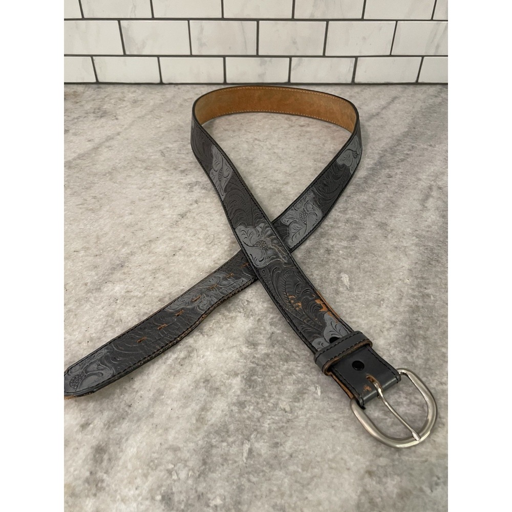 Gray Floral Western Belt Mens Size 42 Cowboy Rodeo Silver Buckle